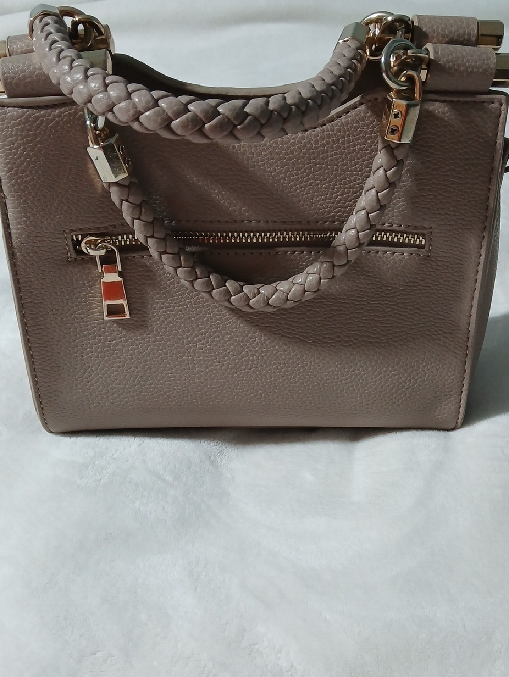 Structured Taupe Satchel with Braided Handles and Gold Hardware